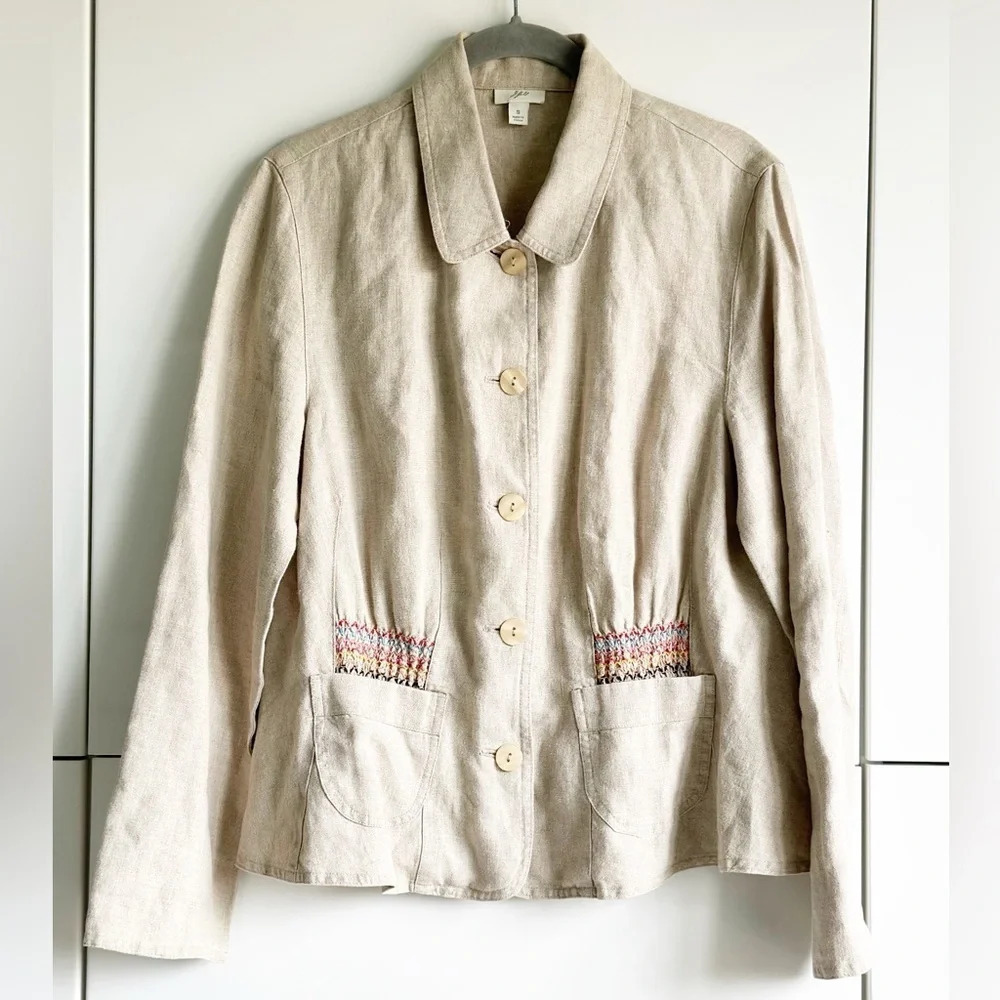 J. Jill Linen Jacket Blazer Size Small Embroidered Multicolor Natural Lagenlook